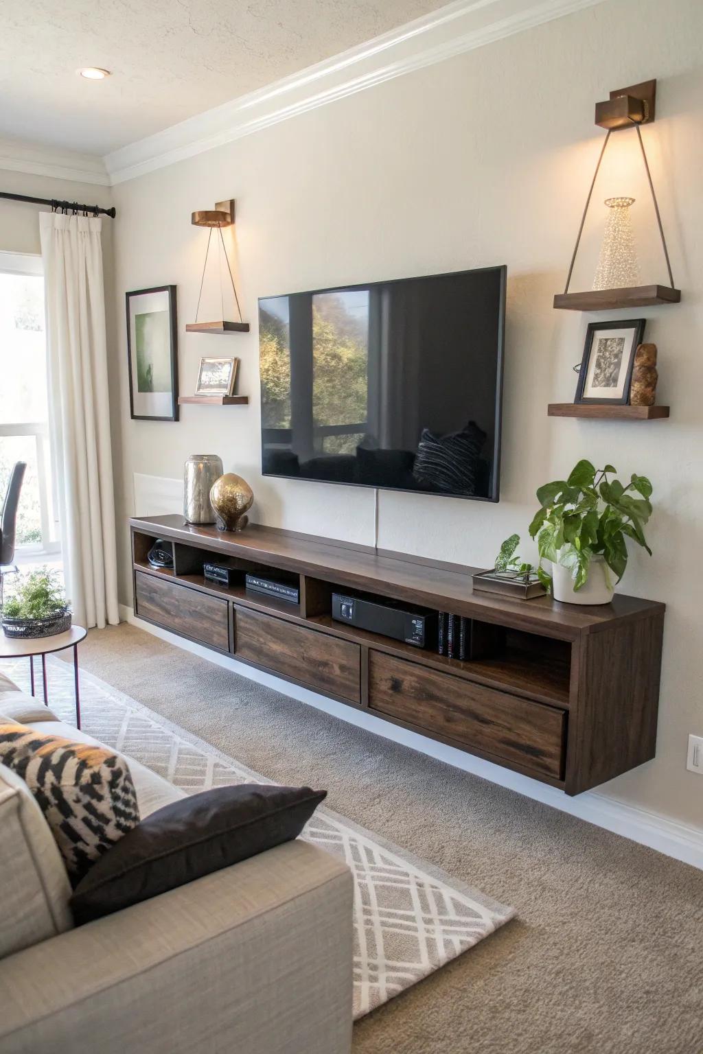A hanging console furnishes streamlined storage opportunities.