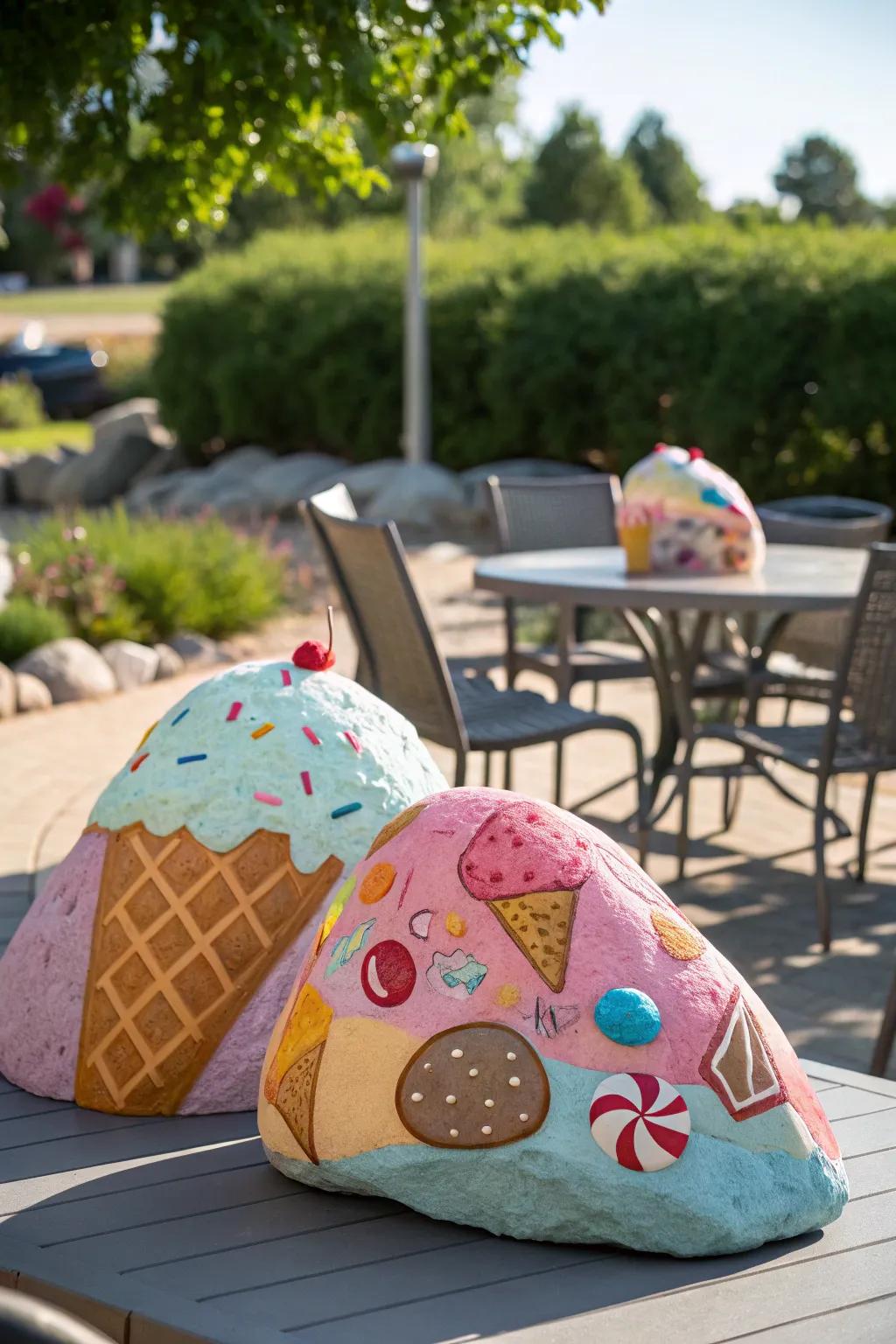 Sweeten your area with stones painted with ice cream and sweets.