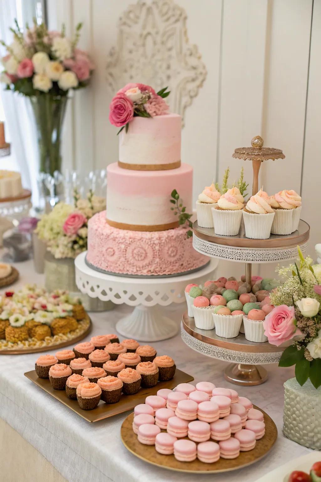 A beautiful dessert table functions as a focal point in the party decor.