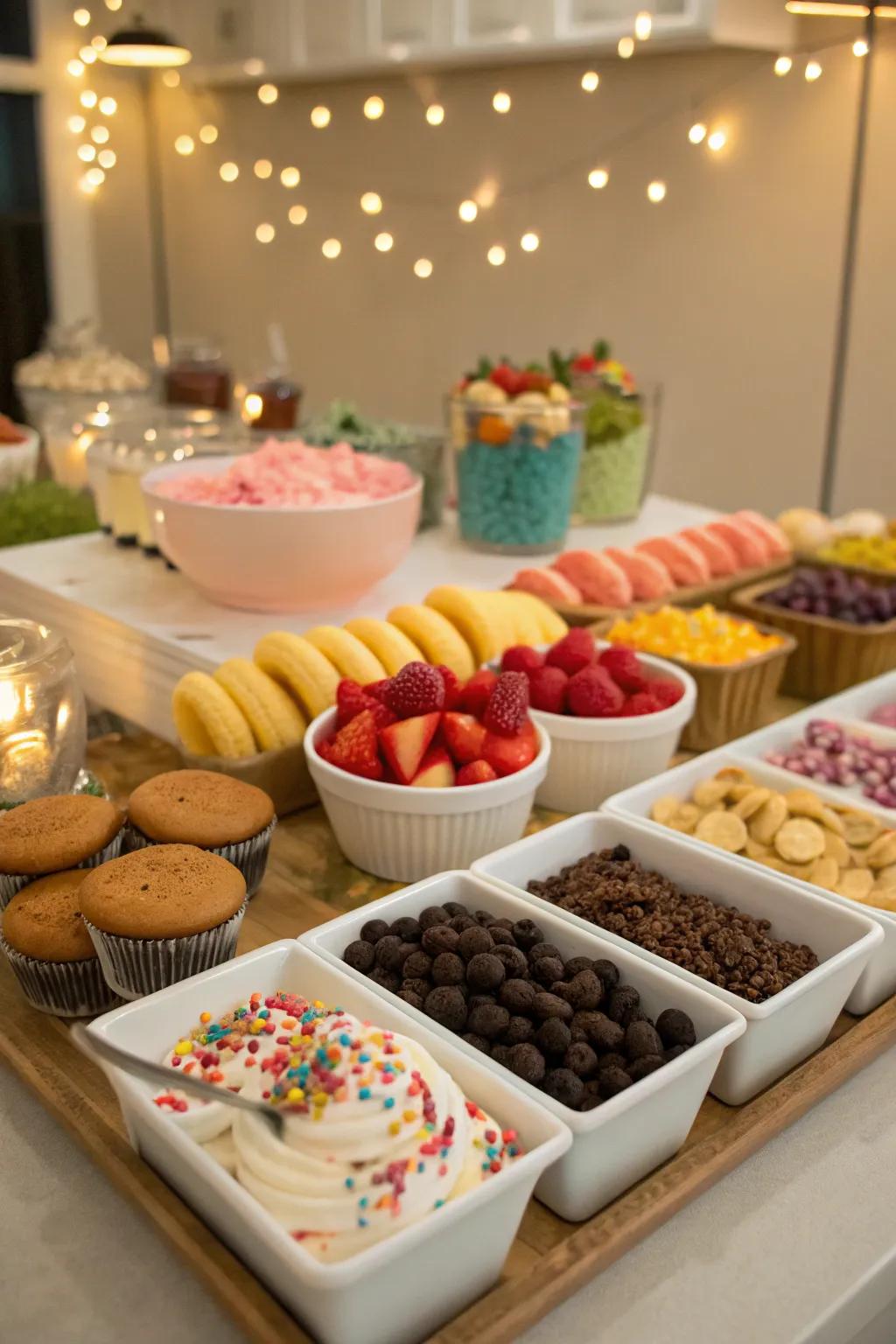 A custom dessert station presents a range of toppings and sweets.