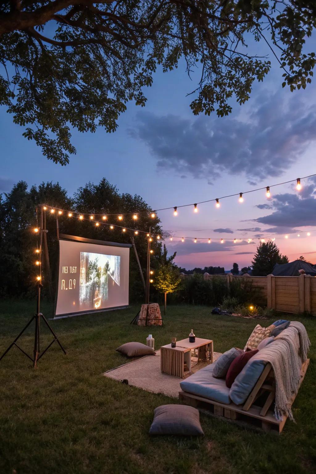 An inviting open-air cinematic lounge conducive to dusktime amusement.