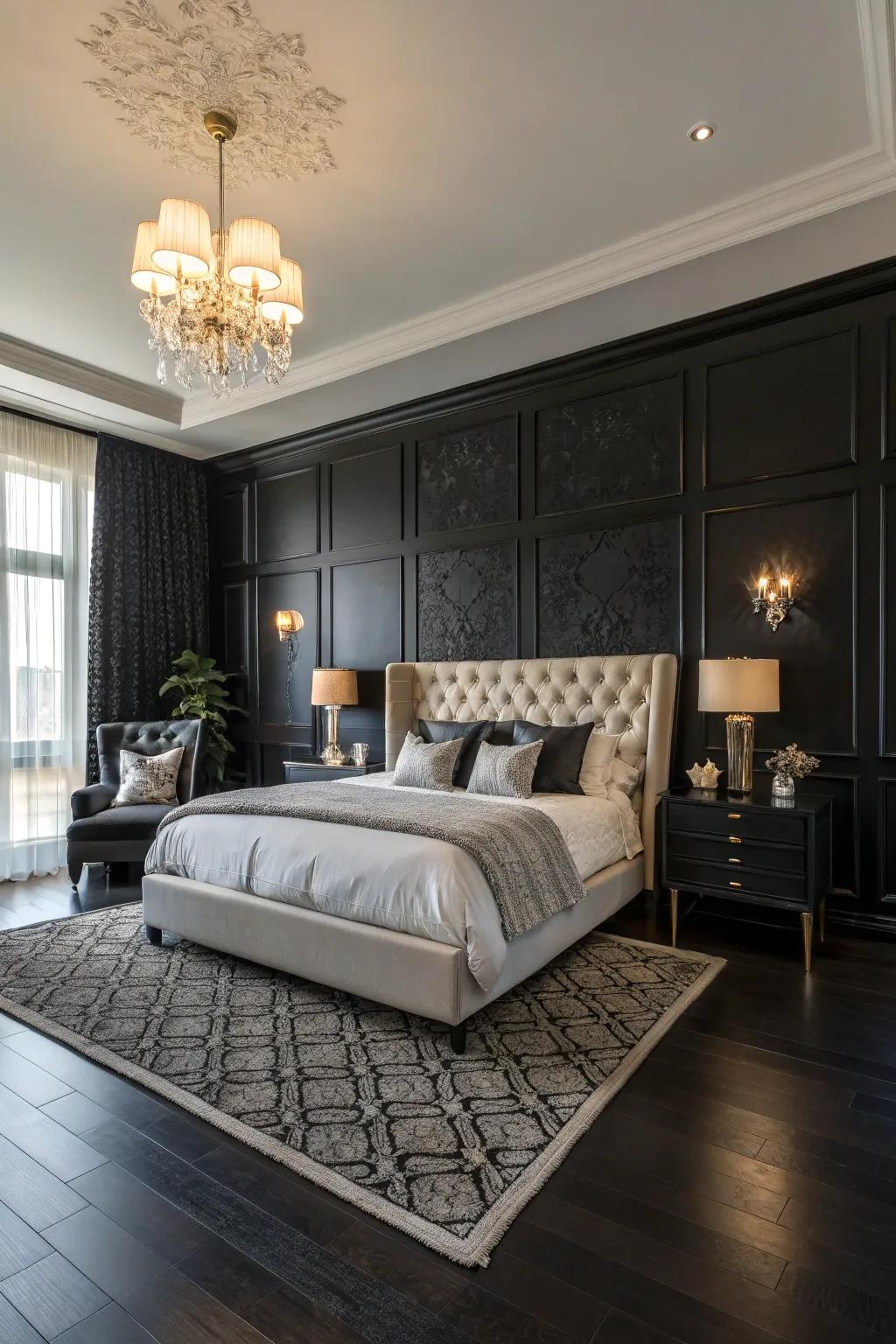 Deep toned flooring enhances the drama developed by a black accent wall.