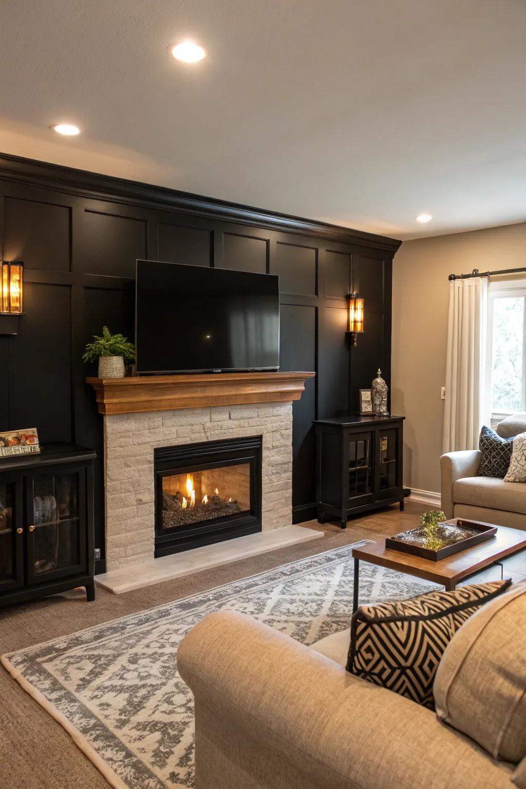 A fireplace contributes warmth and luxury to a dark-painted focus wall.
