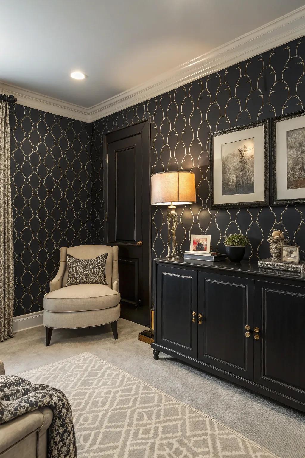 A space with ebony-based textured wallpaper that introduces dimension and intrigue.