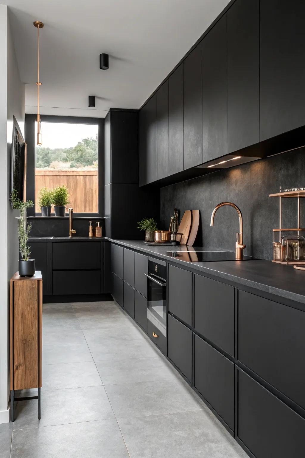Minimalist design with bronze accents creates a sleek, modern kitchen.