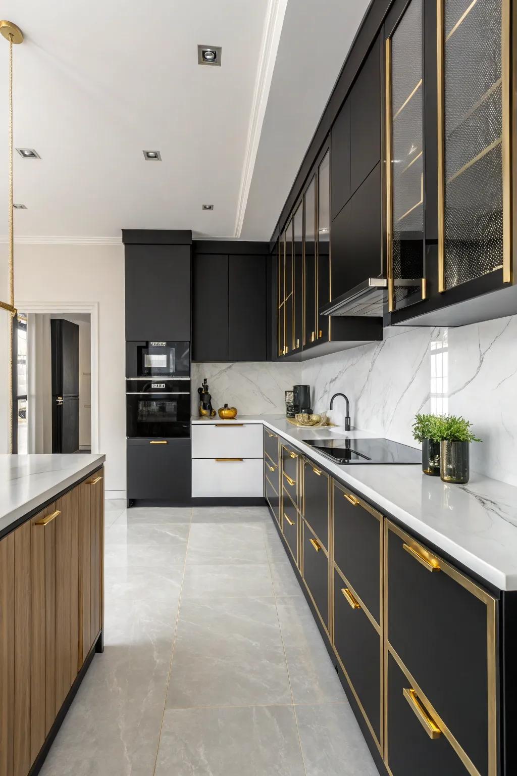 Minimalist décor featuring audacious dark and gilded accents.