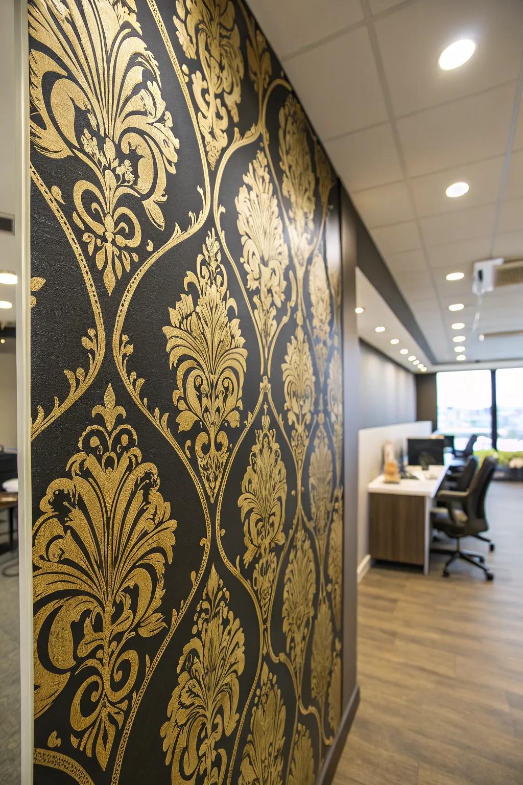 Ebony and gilded wall covering makes a bold statement in your office.