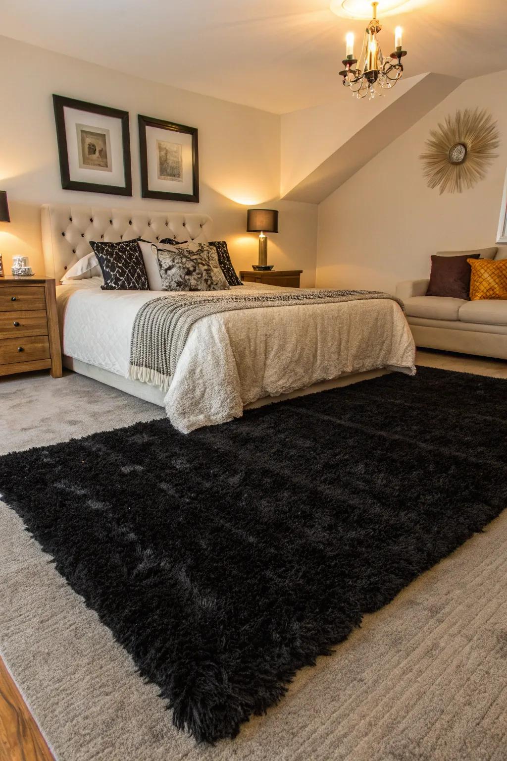 A bedroom featuring a luxurious black rug adding warmth.