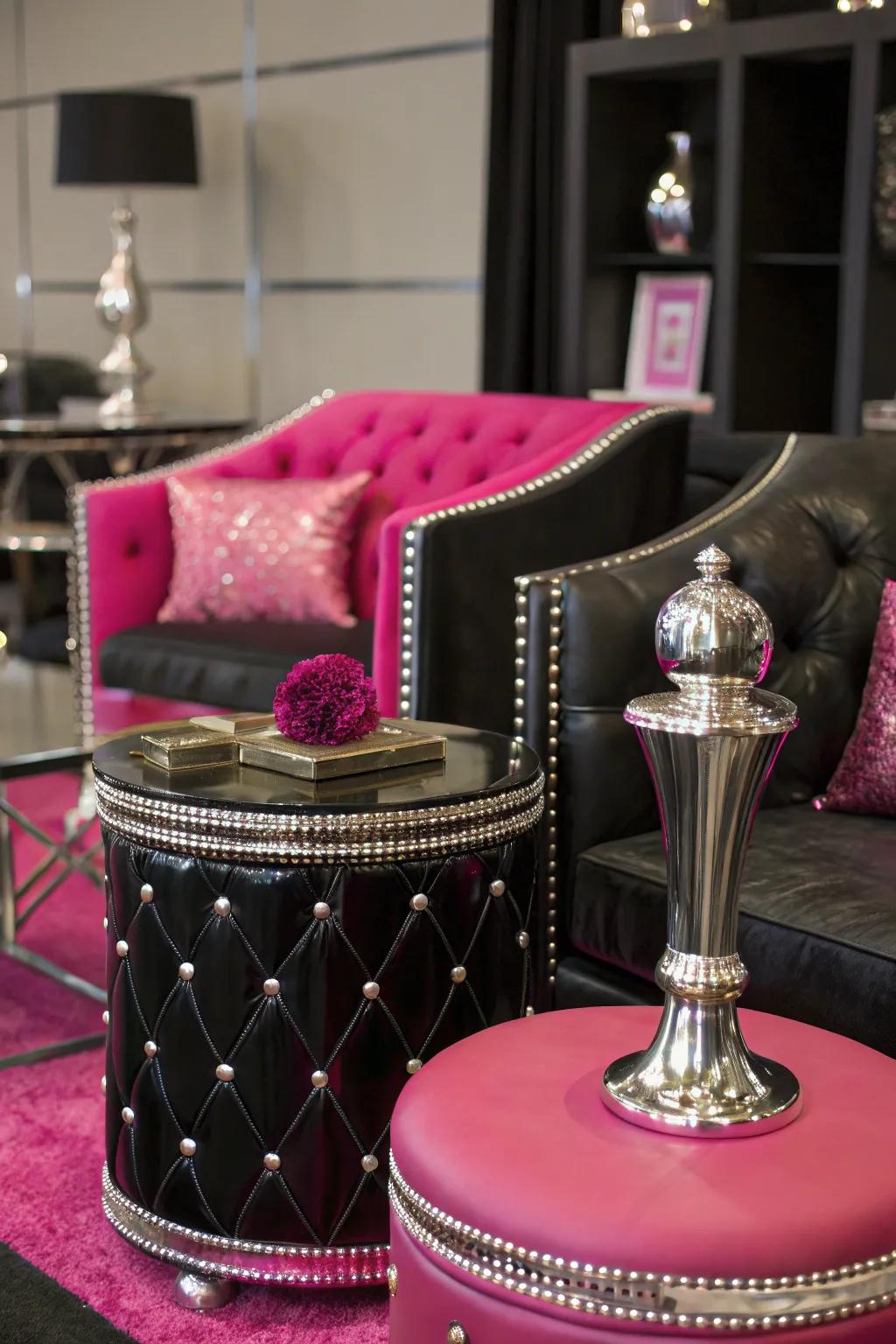 Metallic highlights enhance the room's luxurious feel.