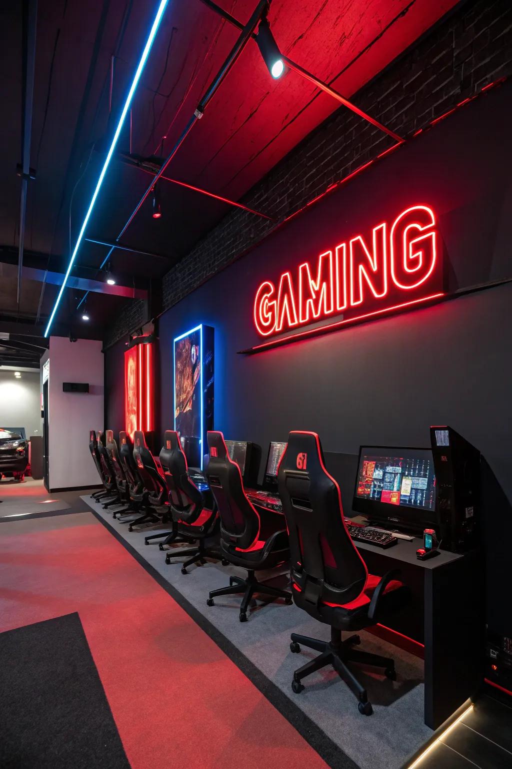 A neon art piece incorporates flair and current trends to the gaming room.