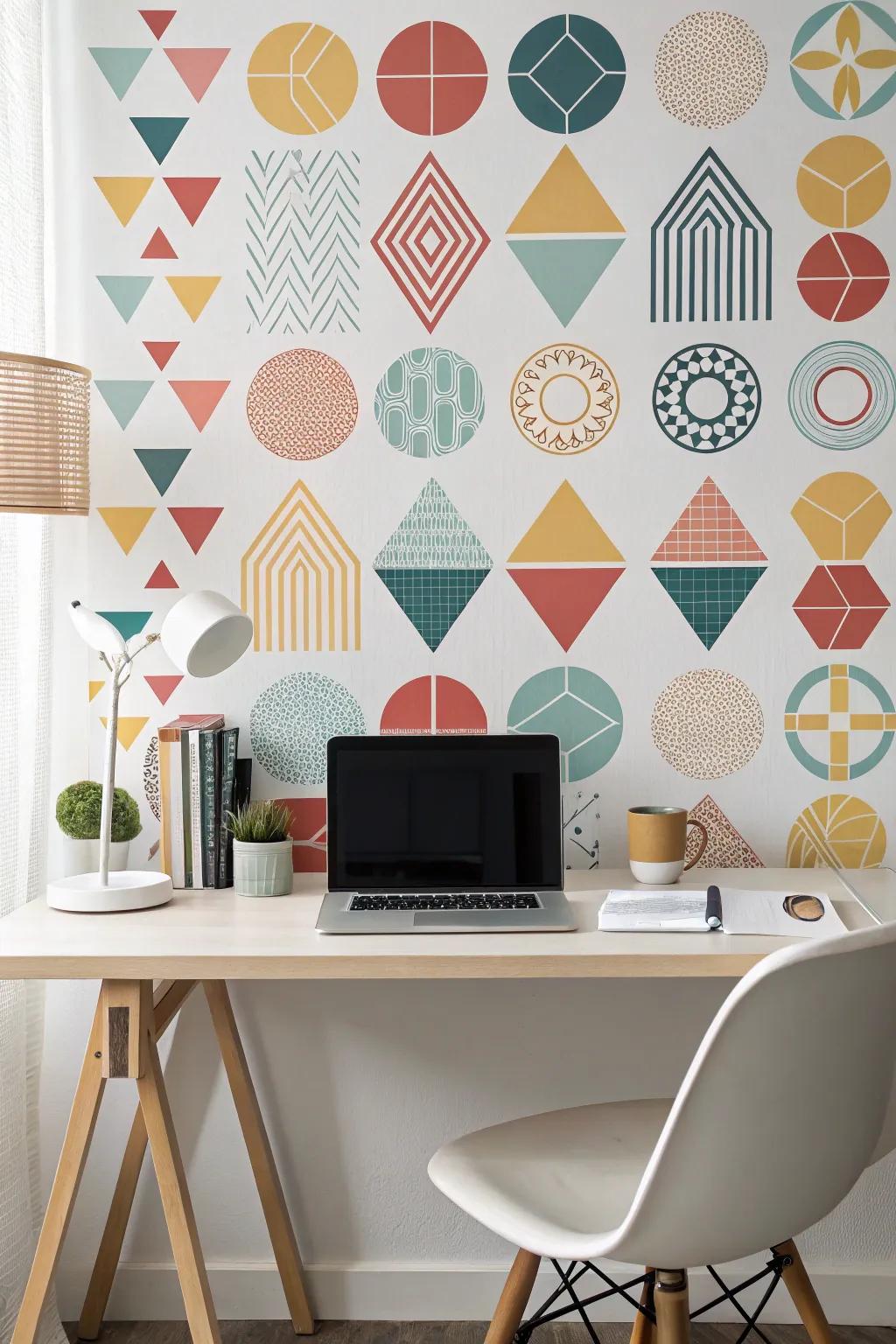 Geometric stickers providing a stylish backdrop in a home office.