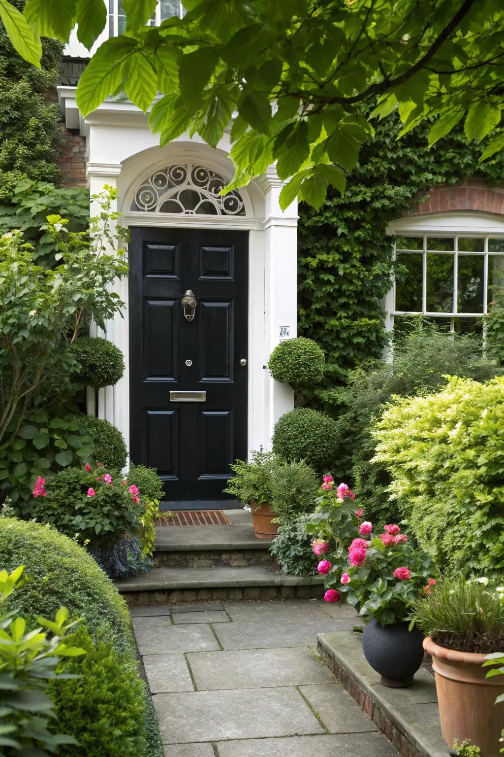 Lush greenery softens the bold contrast of an onyx door with alabaster trim.