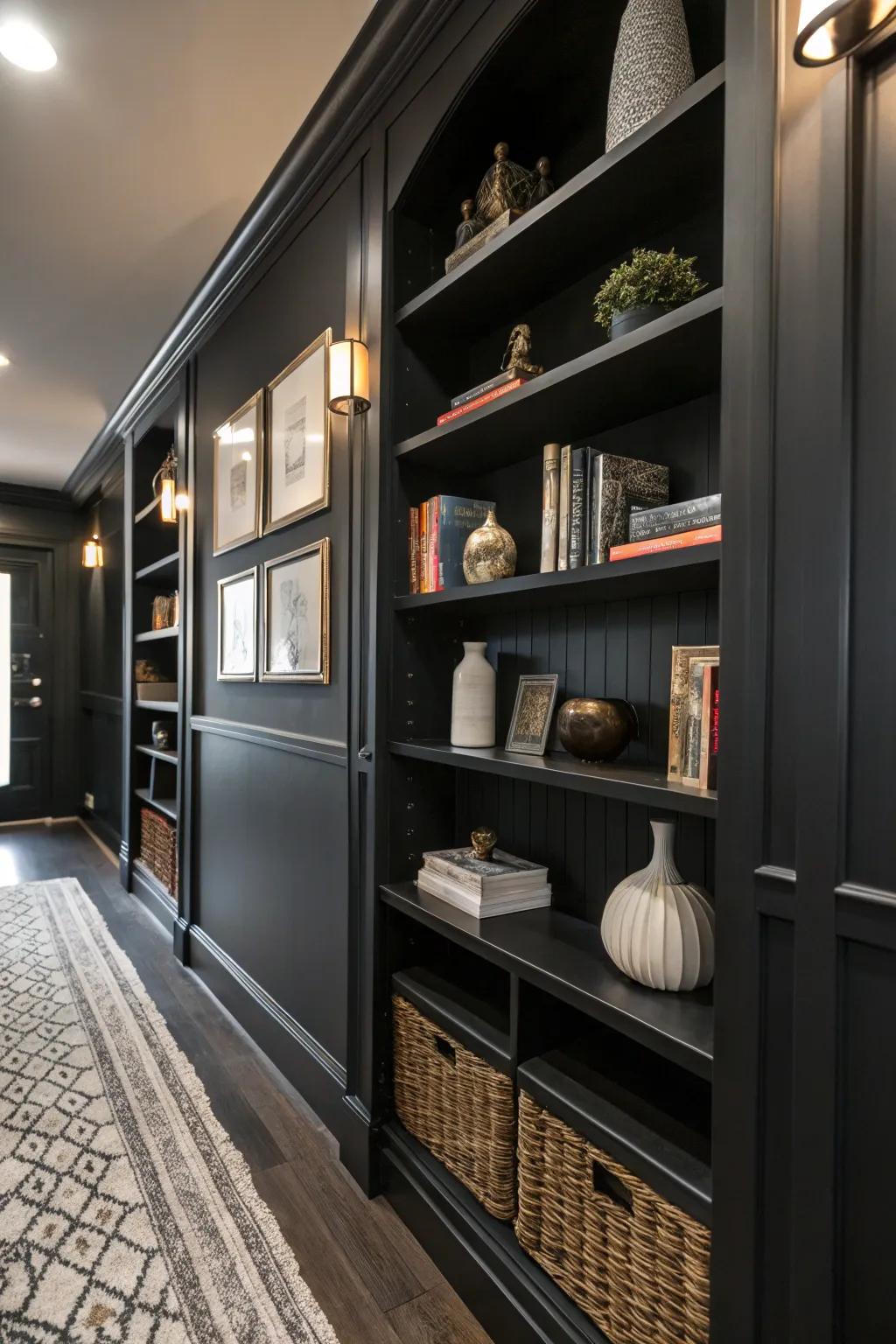 Strategic shelving contributes both function and flair to a black hallway.