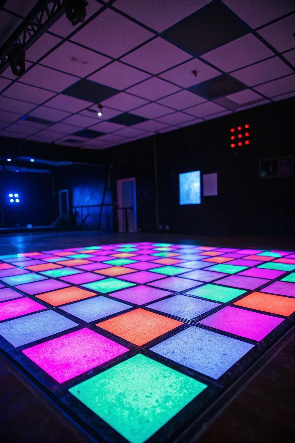 Gleaming floor squares add a dynamic element to the space.