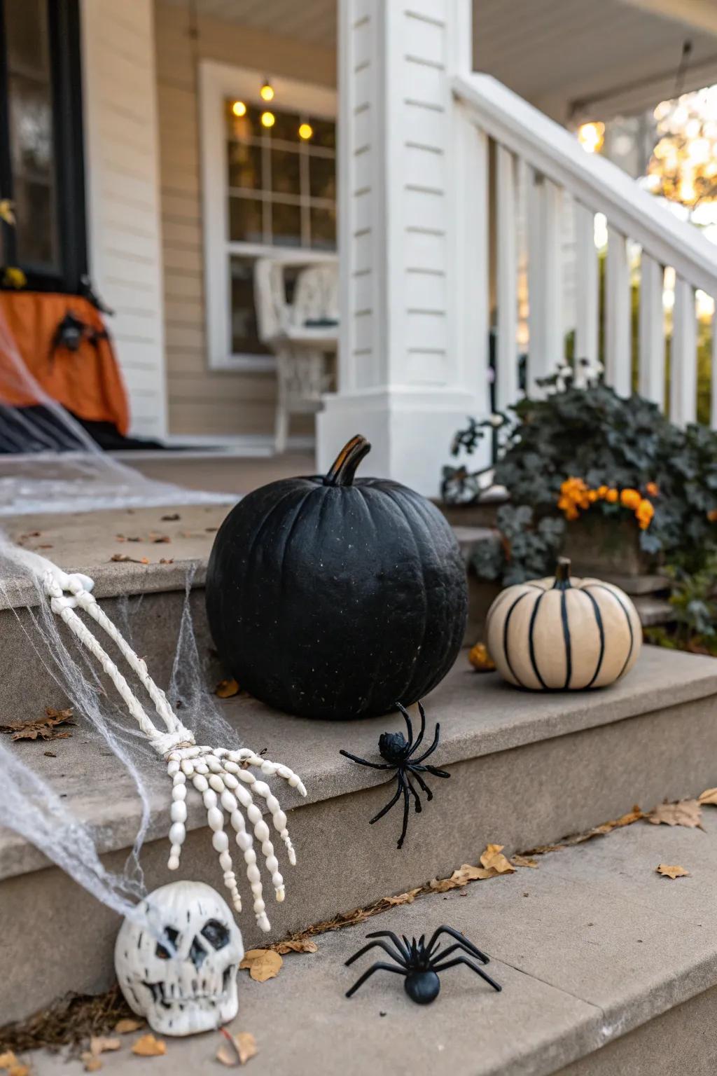 A dark-hued pumpkin with skeletal appendages and arachnids, fashioning a spectral entrance.