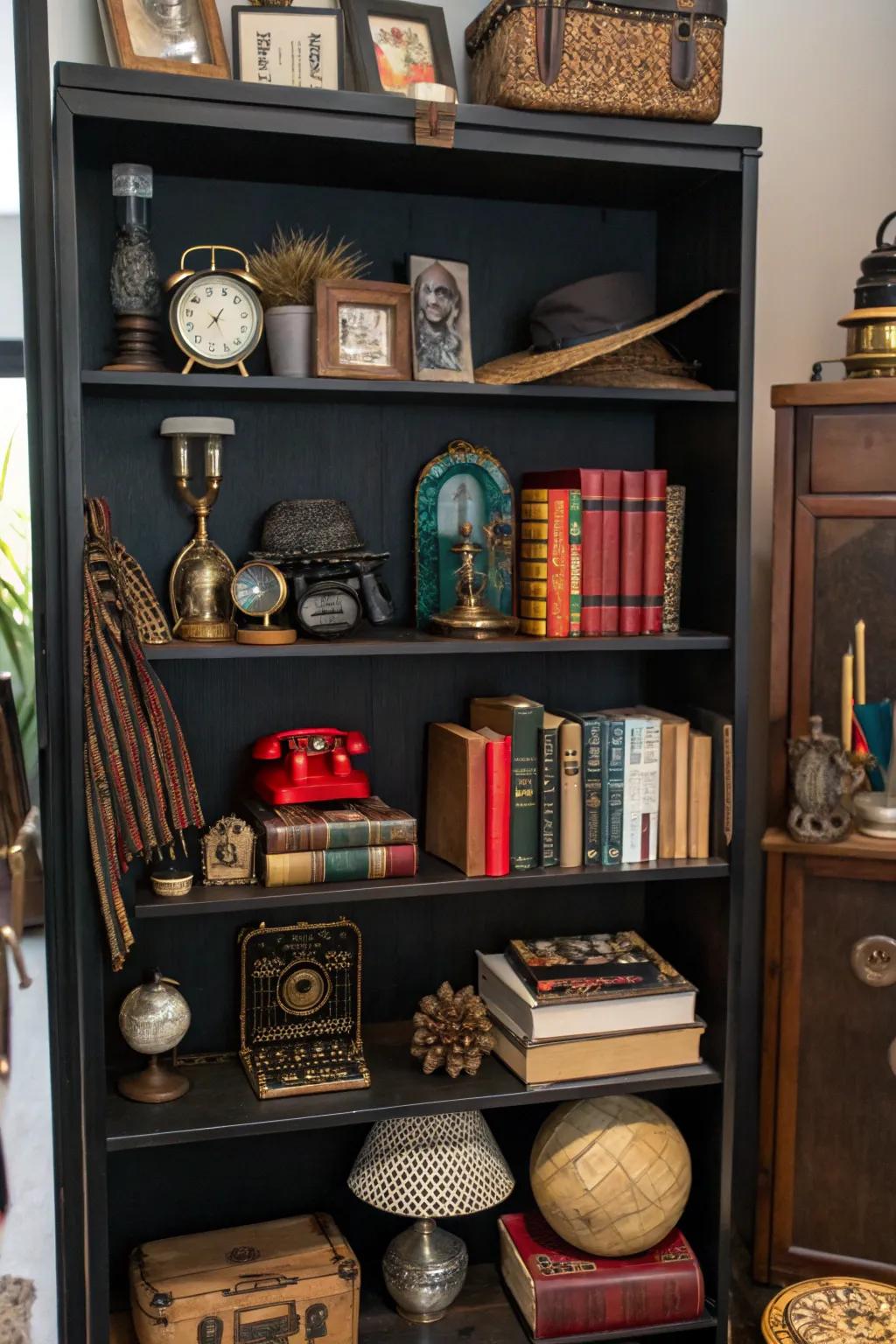 A diverse mix of décor articles forging a personalized presentation on a black shelf.