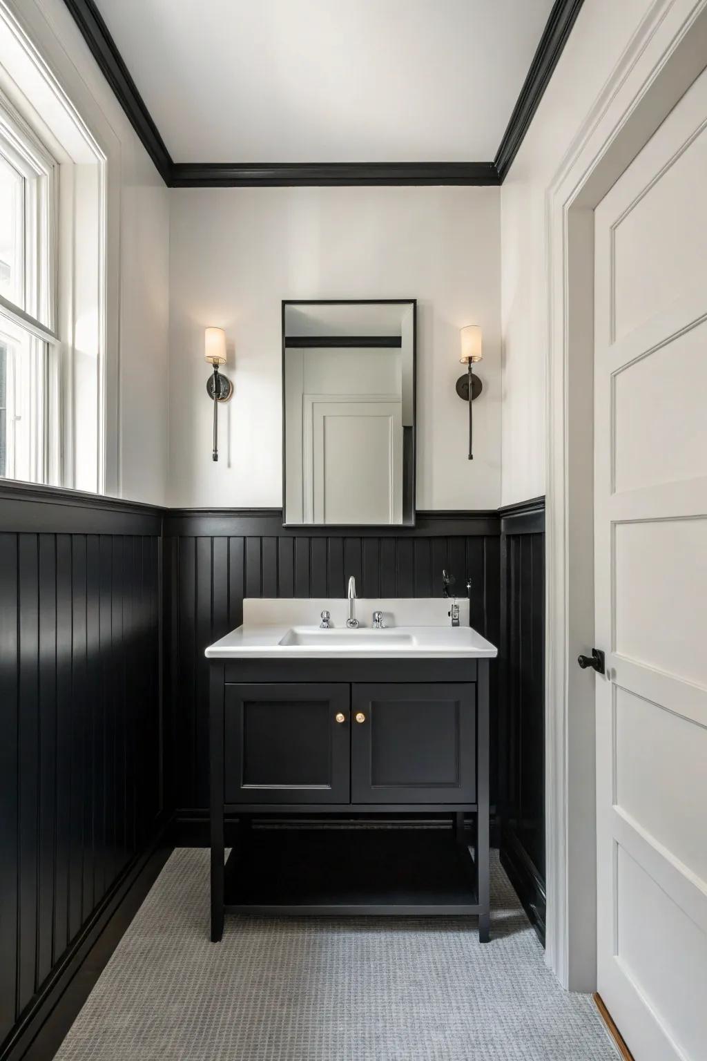 Contemporary minimalist lavatory showcasing polished dark wainscoting.