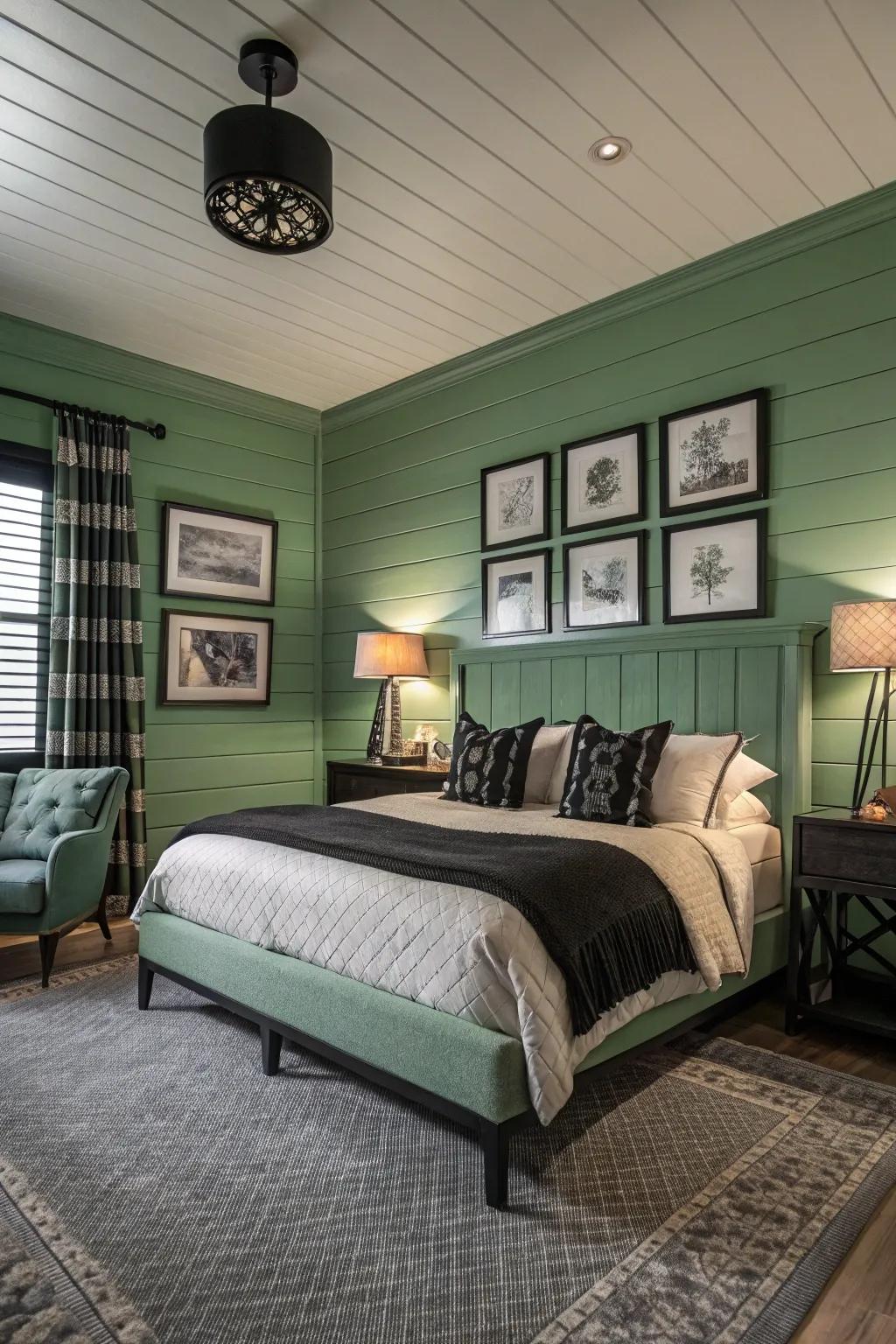 Green plank walls offer texture and warmth.