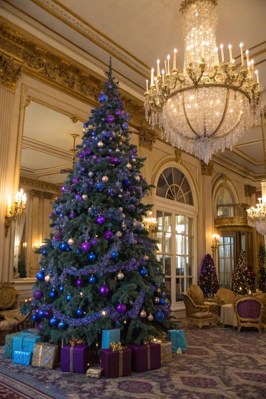 A royal and luxurious azure and violet Christmas tree design.