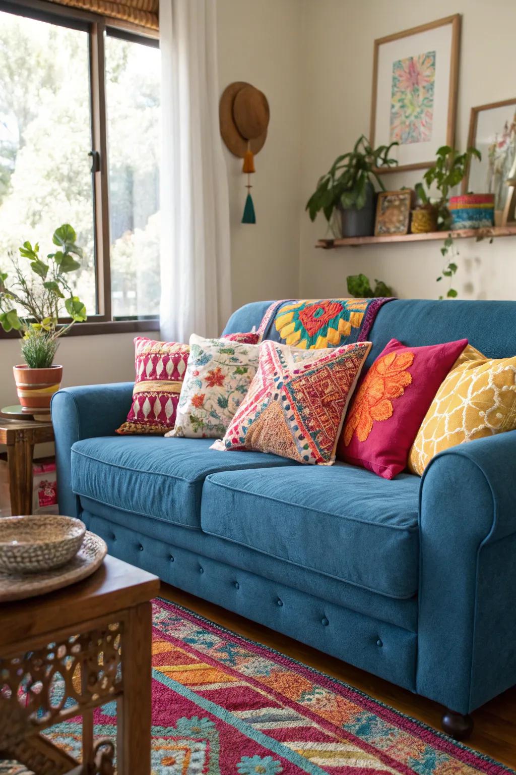 The blue couch is made to pop with vitality by the use of striking accents.