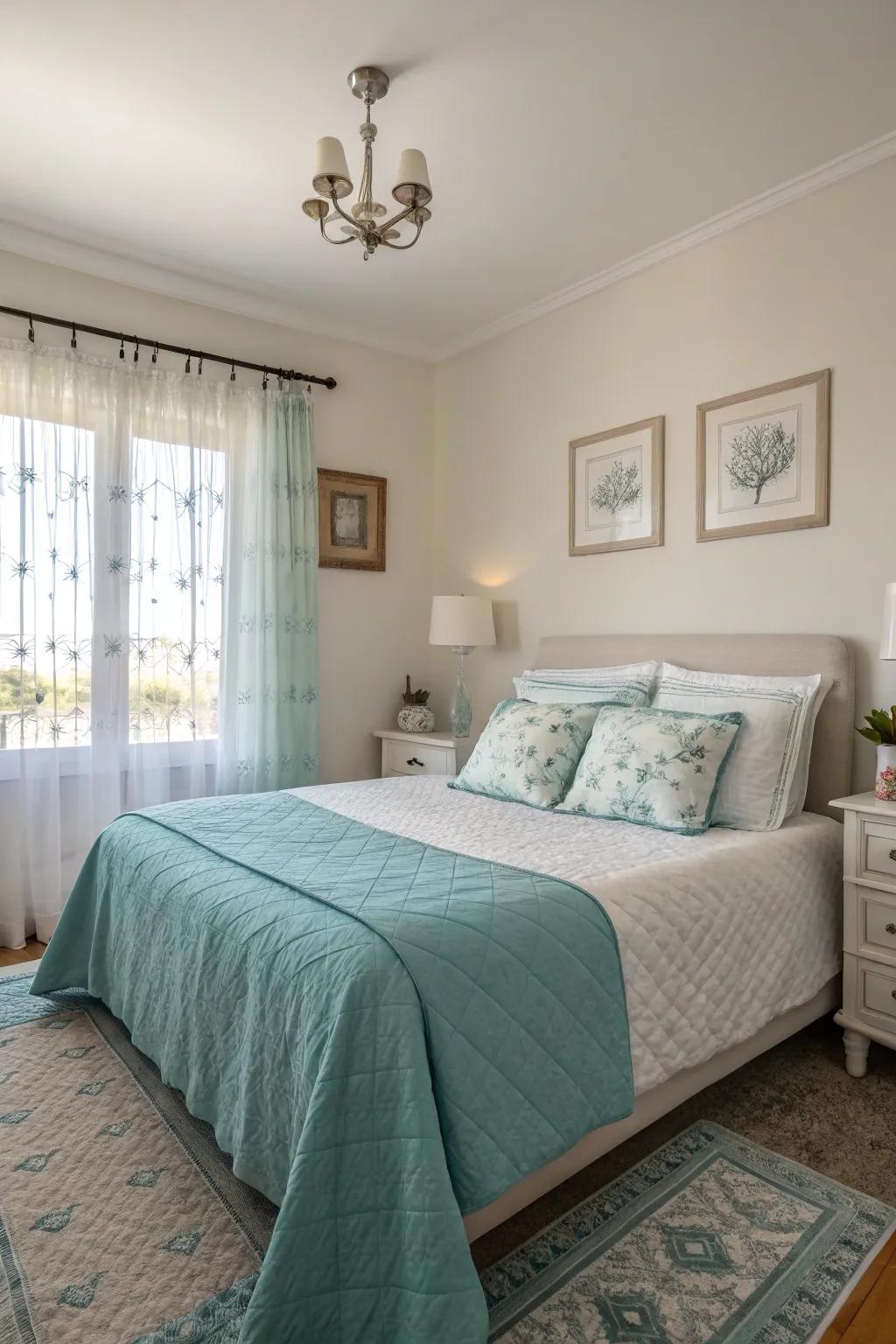 Cerulean-emerald tonalities fashion a tranquil boudoir.