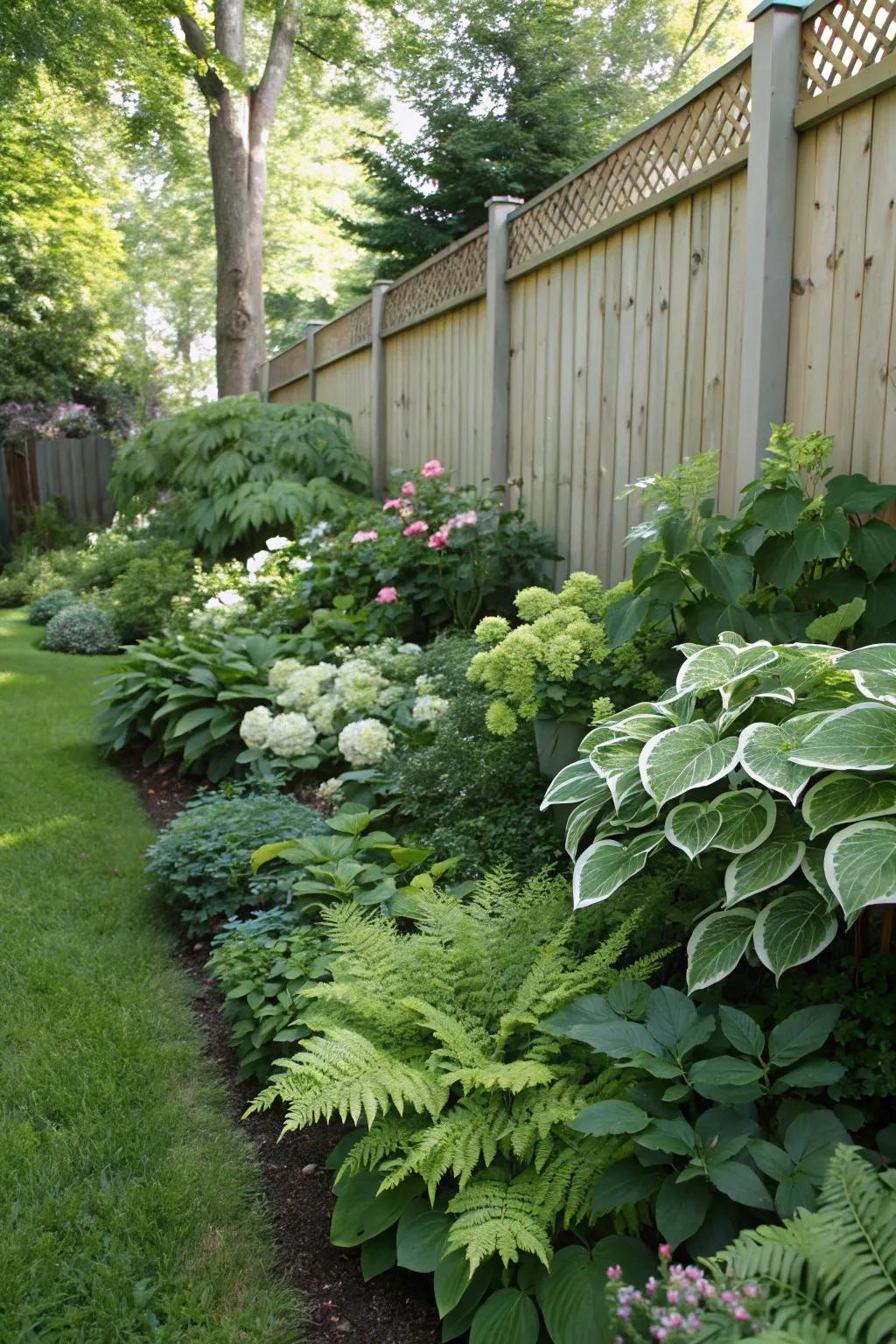 A verdant, shaded garden border showcasing shade-loving flora.
