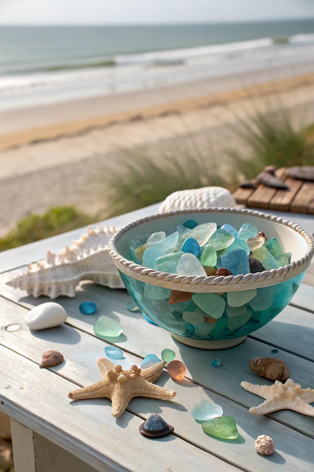 An ornamental bowl brimming with radiant fragments of seaglass