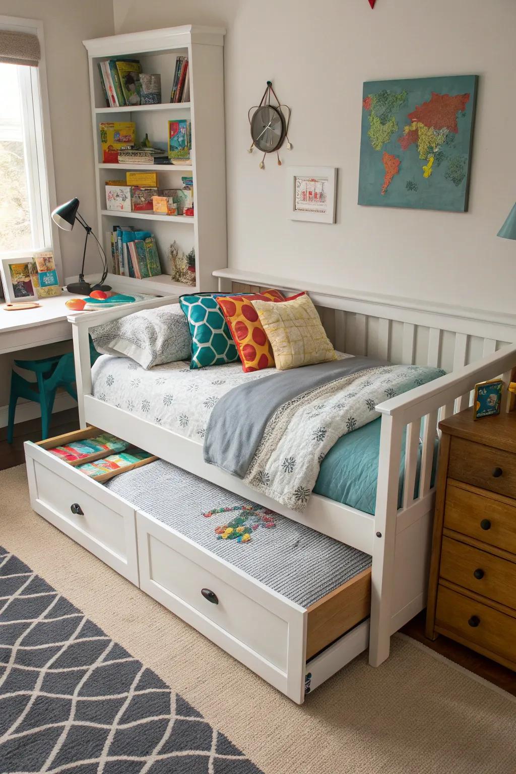 Remain primed for sleepovers via a daybed concealing a secondary bed.