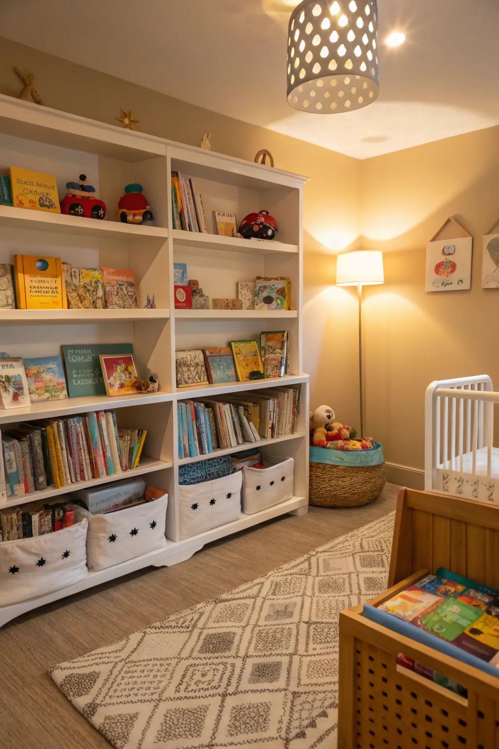 Open bookshelves encourage exploration and add charm.