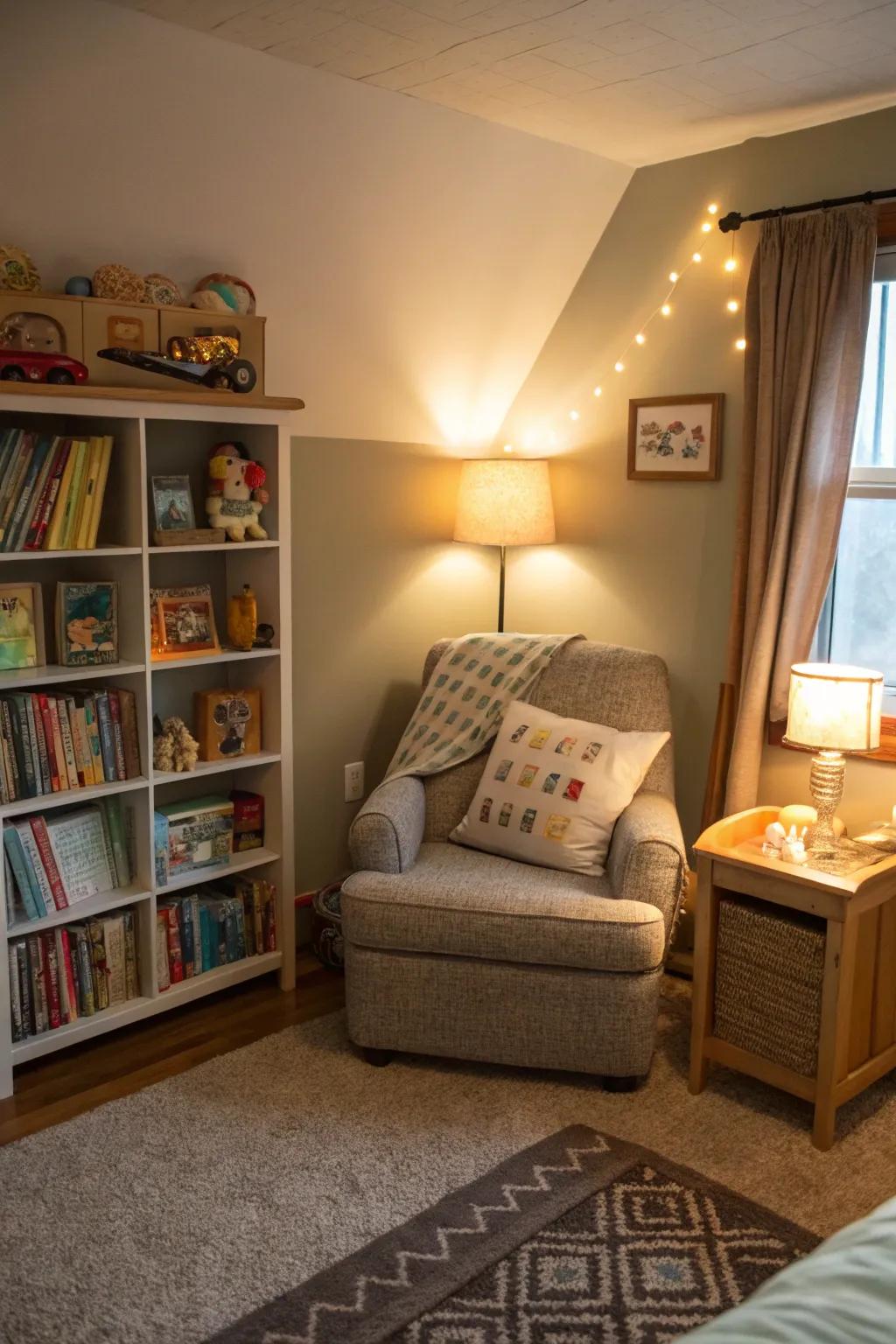 A cozy reading nook encourages a passion for literature and tranquil moments.
