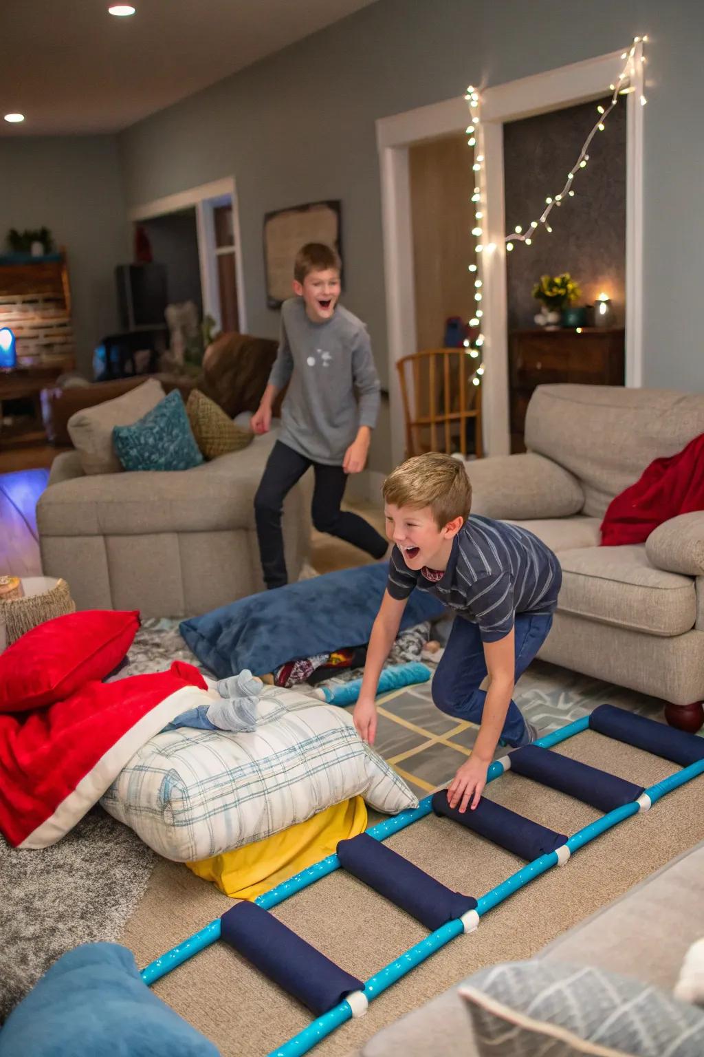 A homemade hurdle course adds excitement and joy to the sleepover.