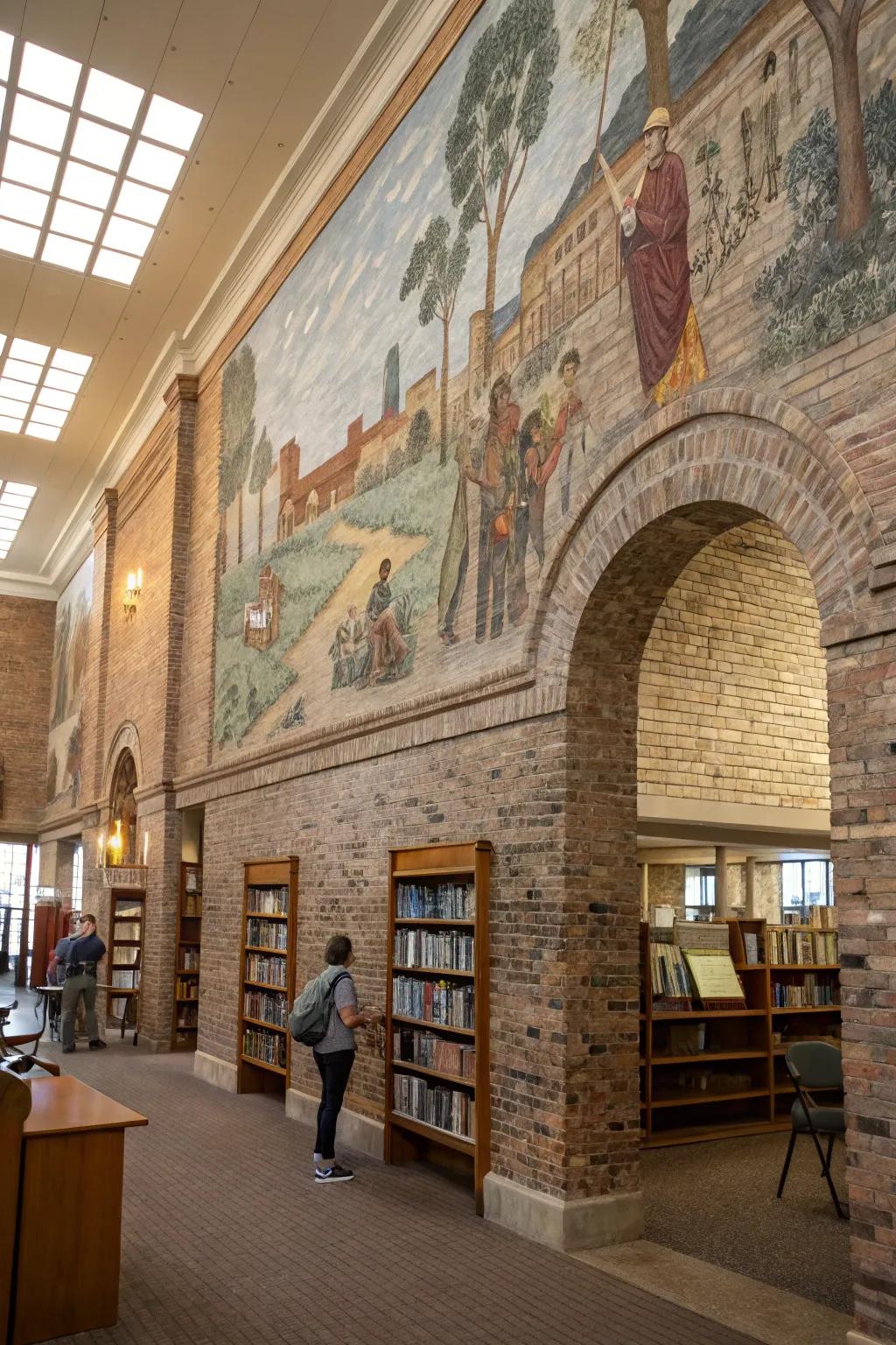 A historical mural enhances a brick wall with depth and chronicles.