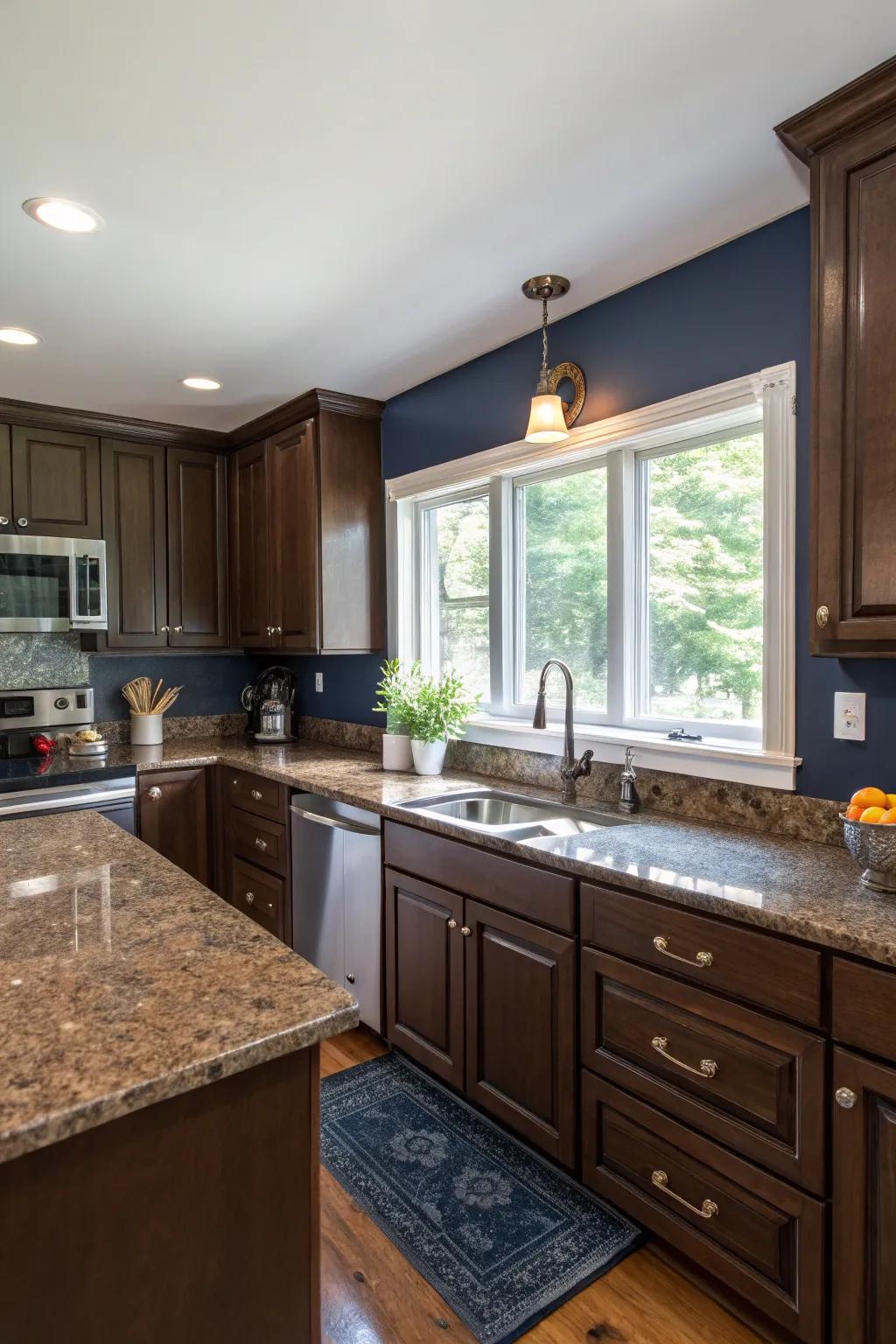 Naval azure walls establish a striking, regal contrast.