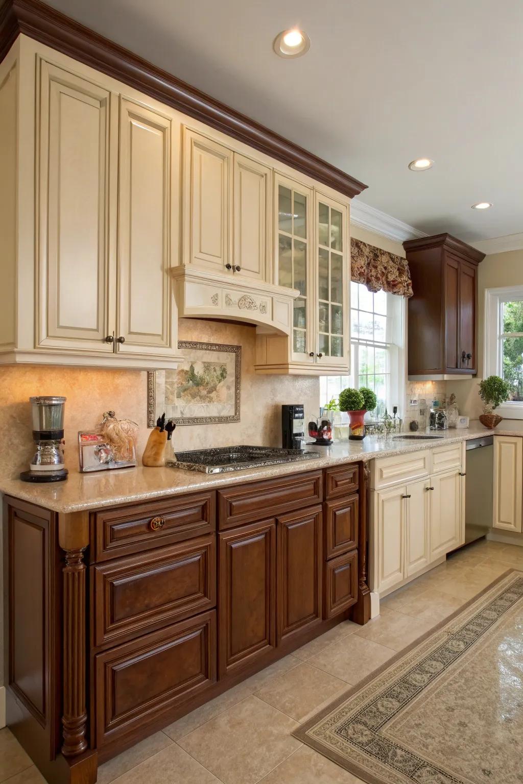 Dichromatic cabinetry appends visual fascination and profundity.