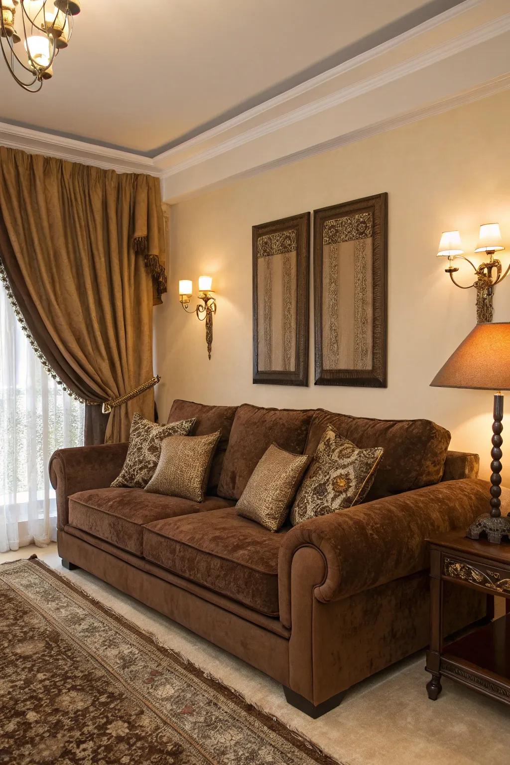 Brown velvet furnishings give luxury and richness to the room.