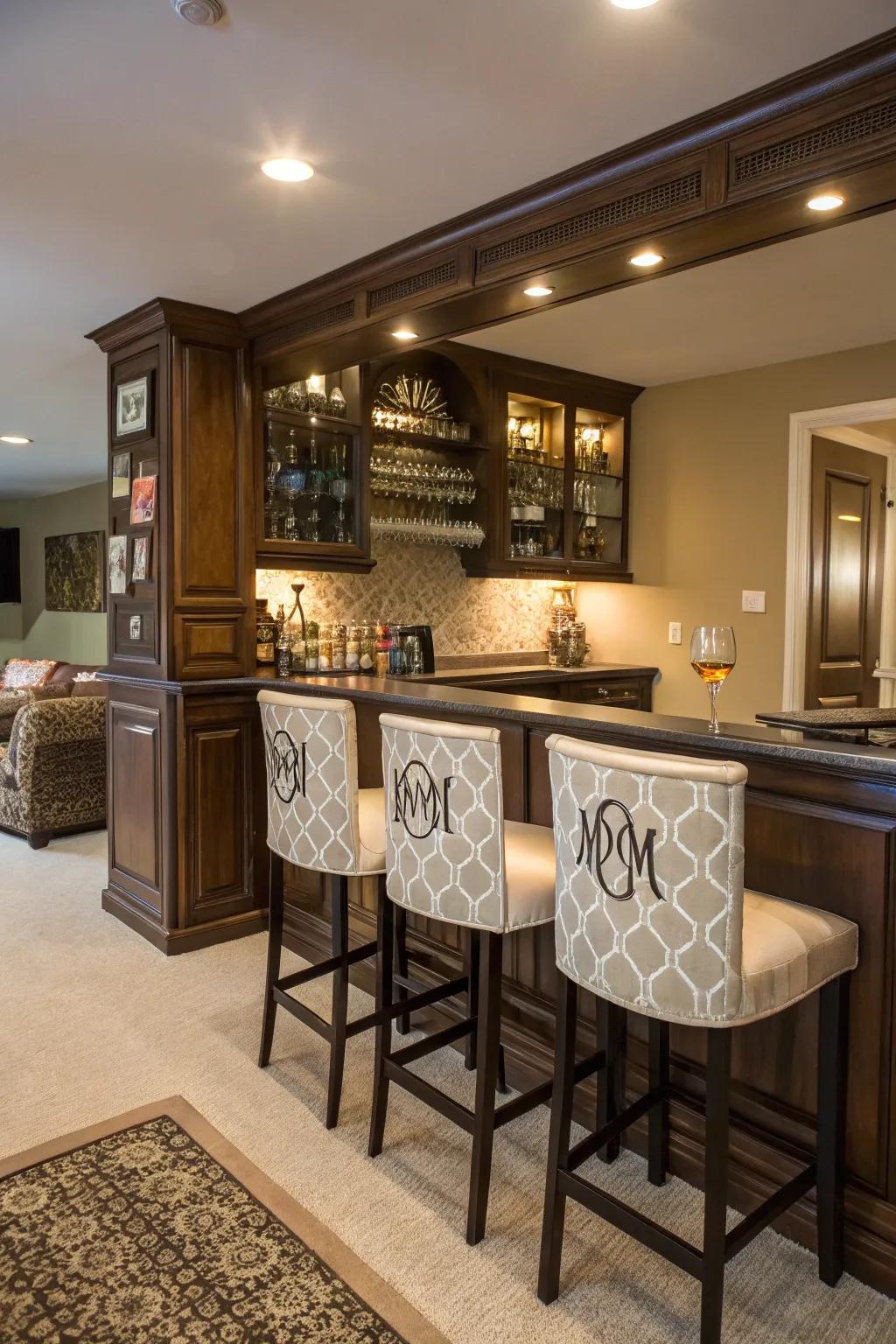 Personal touches like custom barstools make this bar uniquely inviting.