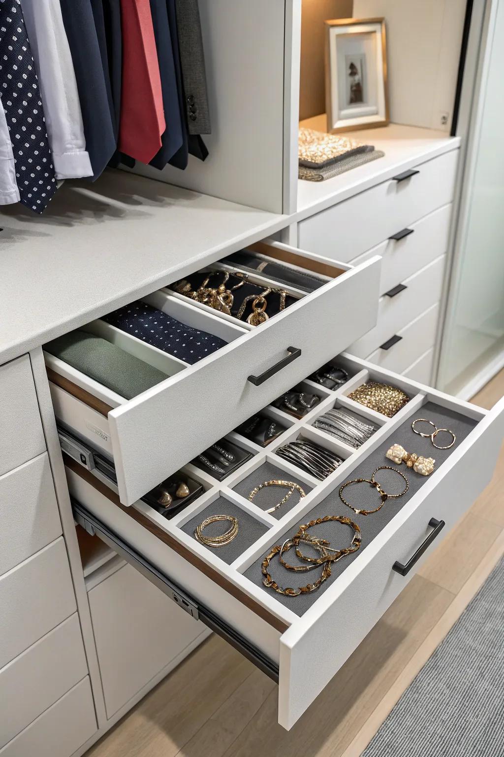 Customizable drawer inserts keep small items neatly organized.