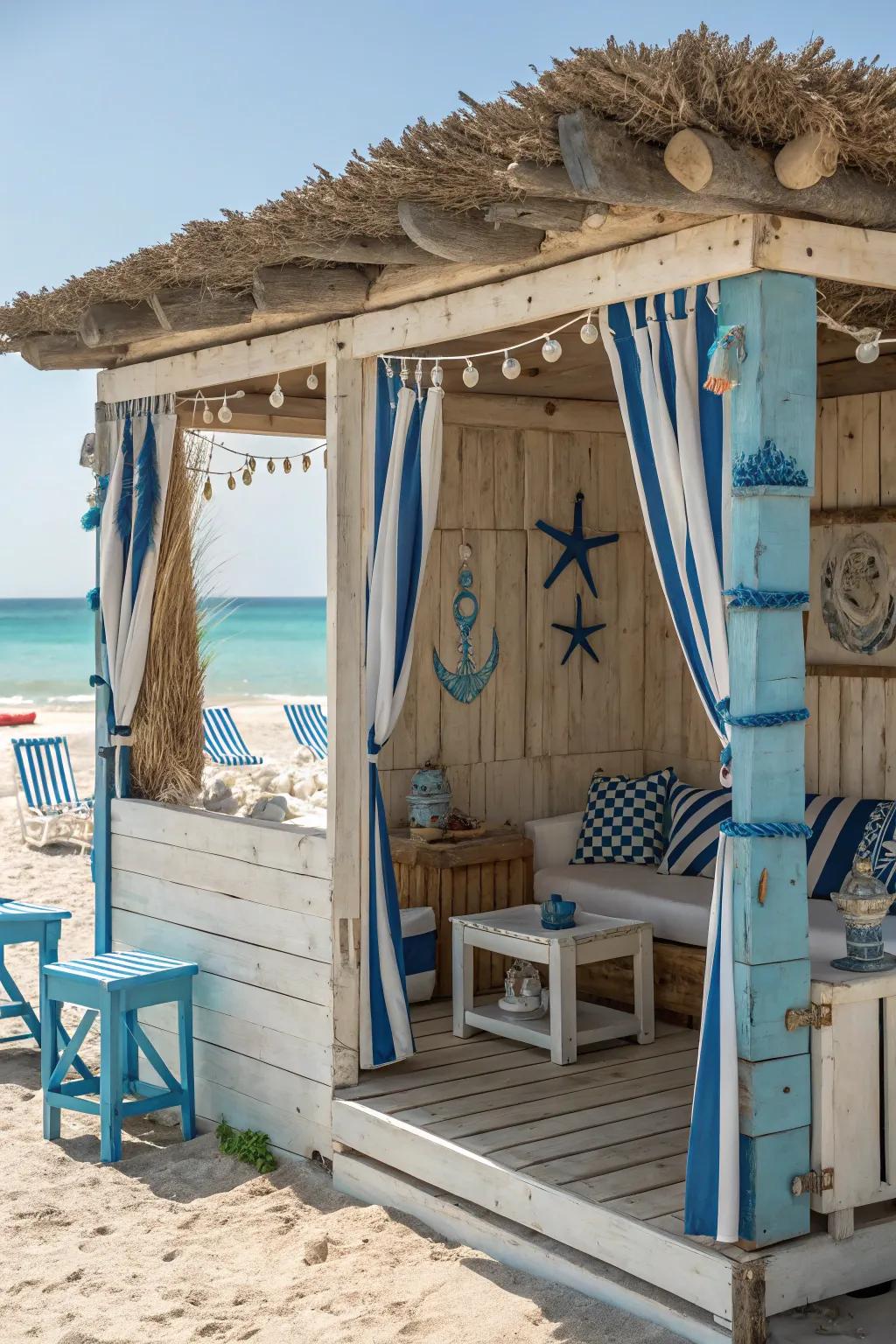 A serene seaside cabana with a nautical design.