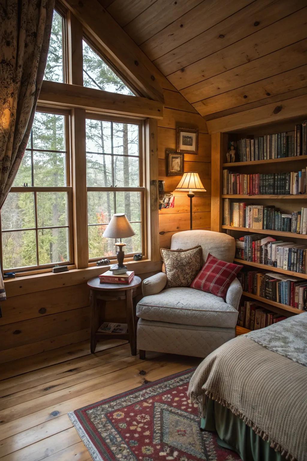 A cabin bedroom with a cozy reading nook by the window.