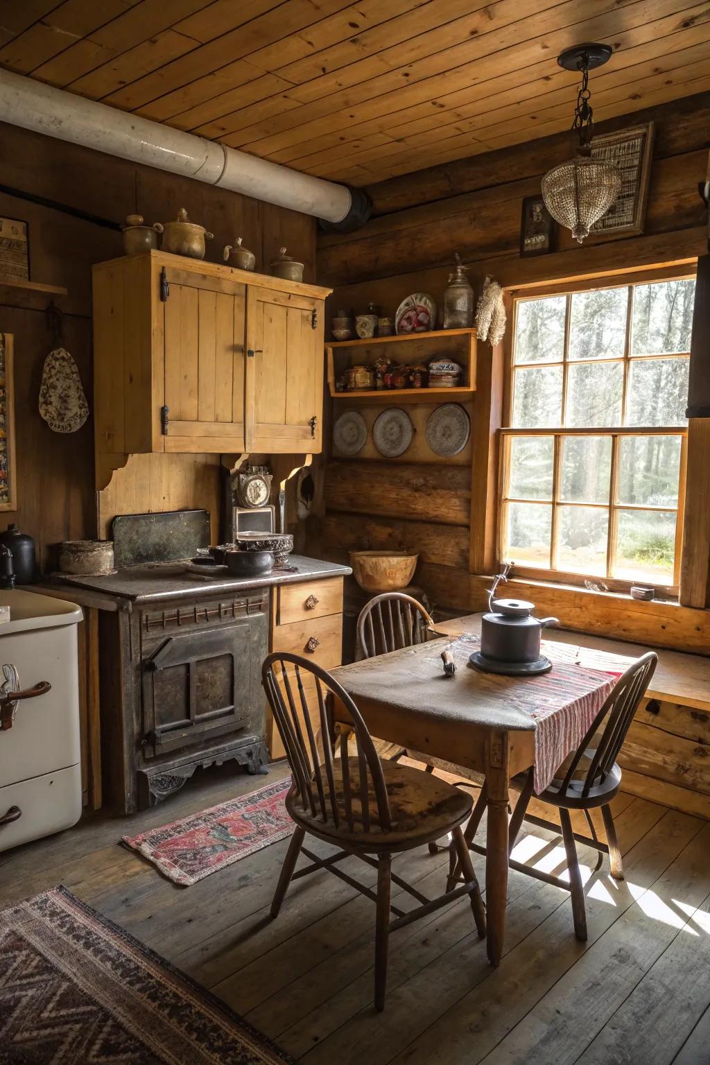 Antique pieces impart a sense of history to a log cabin kitchen.