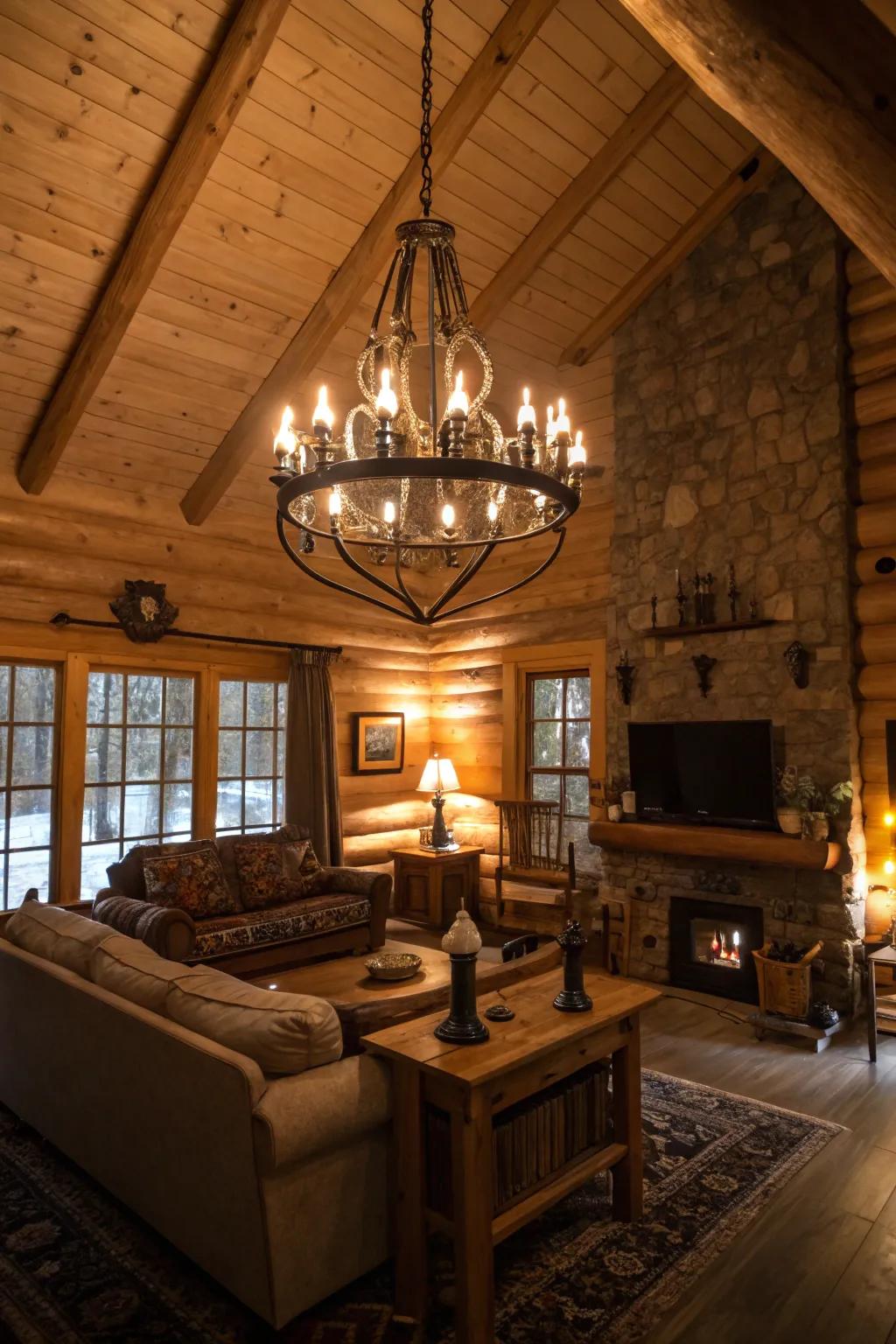 Statement illumination creates a warm glow in this cabin family room.