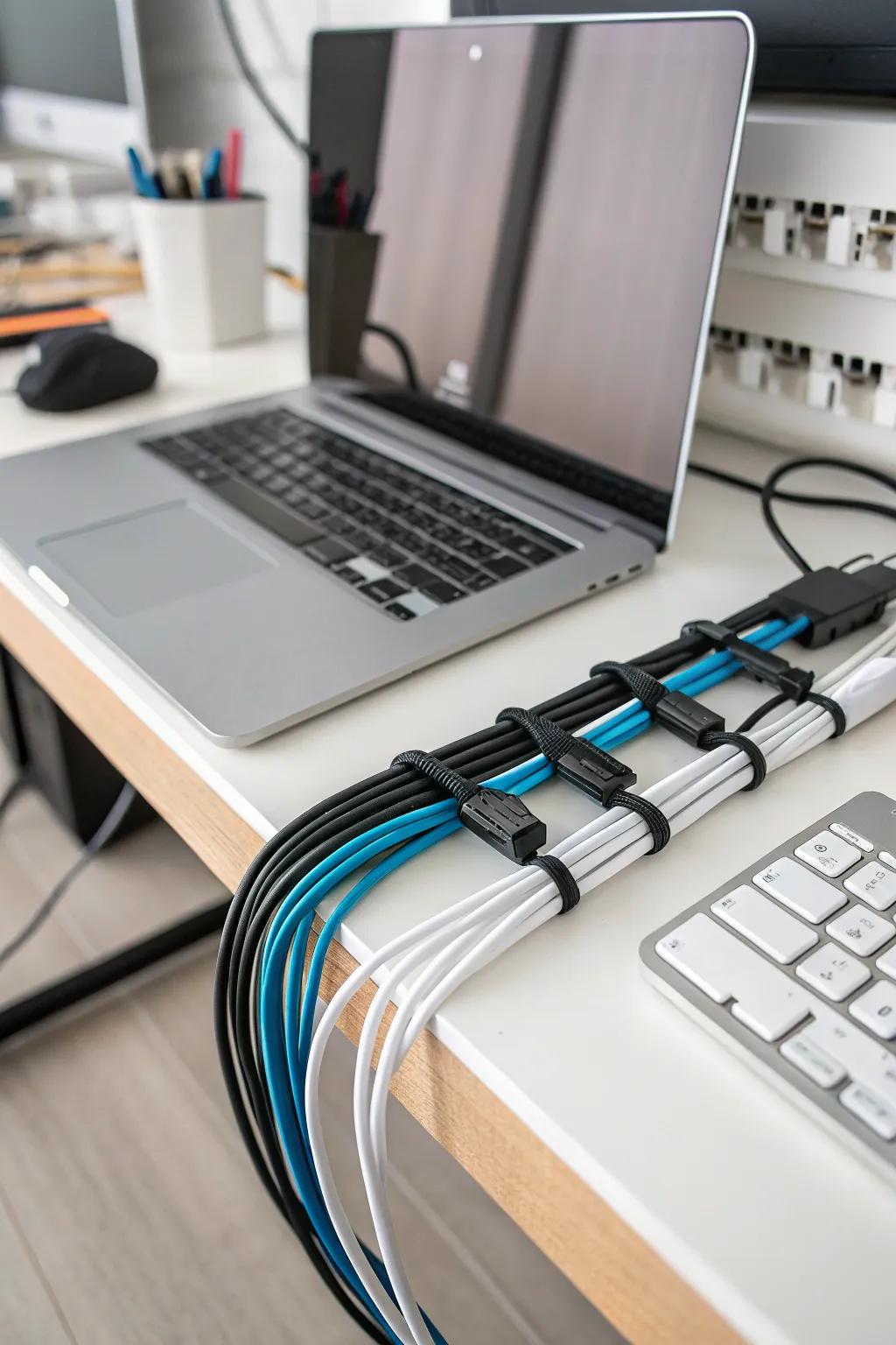 Securing straps and cable fasteners securing cables.