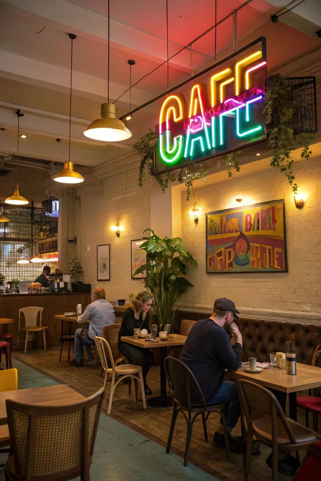 A café interior showcasing a colorful glow art that adds character and appeal.