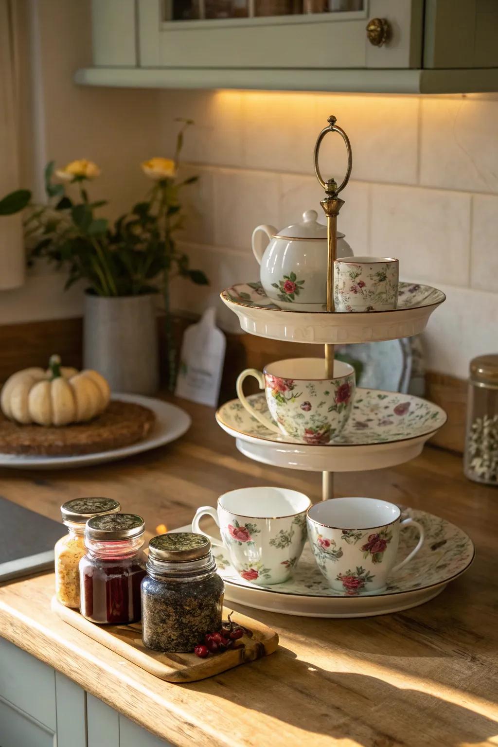 A delightful tea station constructed upon a cake stand is ideally suited for entertaining.