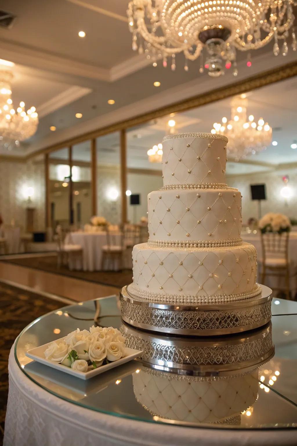 A cake on a reflectored platter, enhancing the presentation with emitted light and depth.