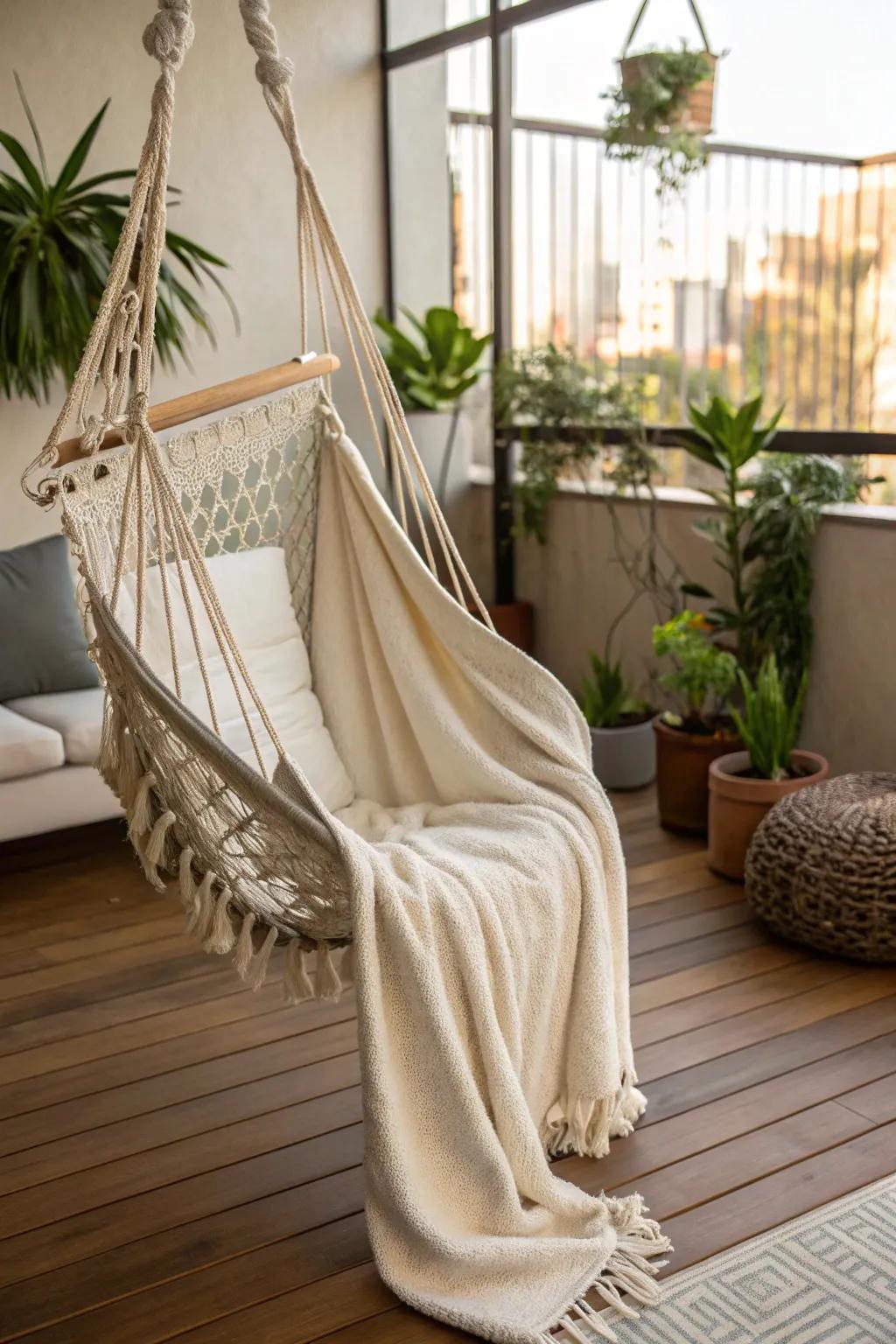 Enjoy gentle relaxation with a hammock chair in your tranquil corner.