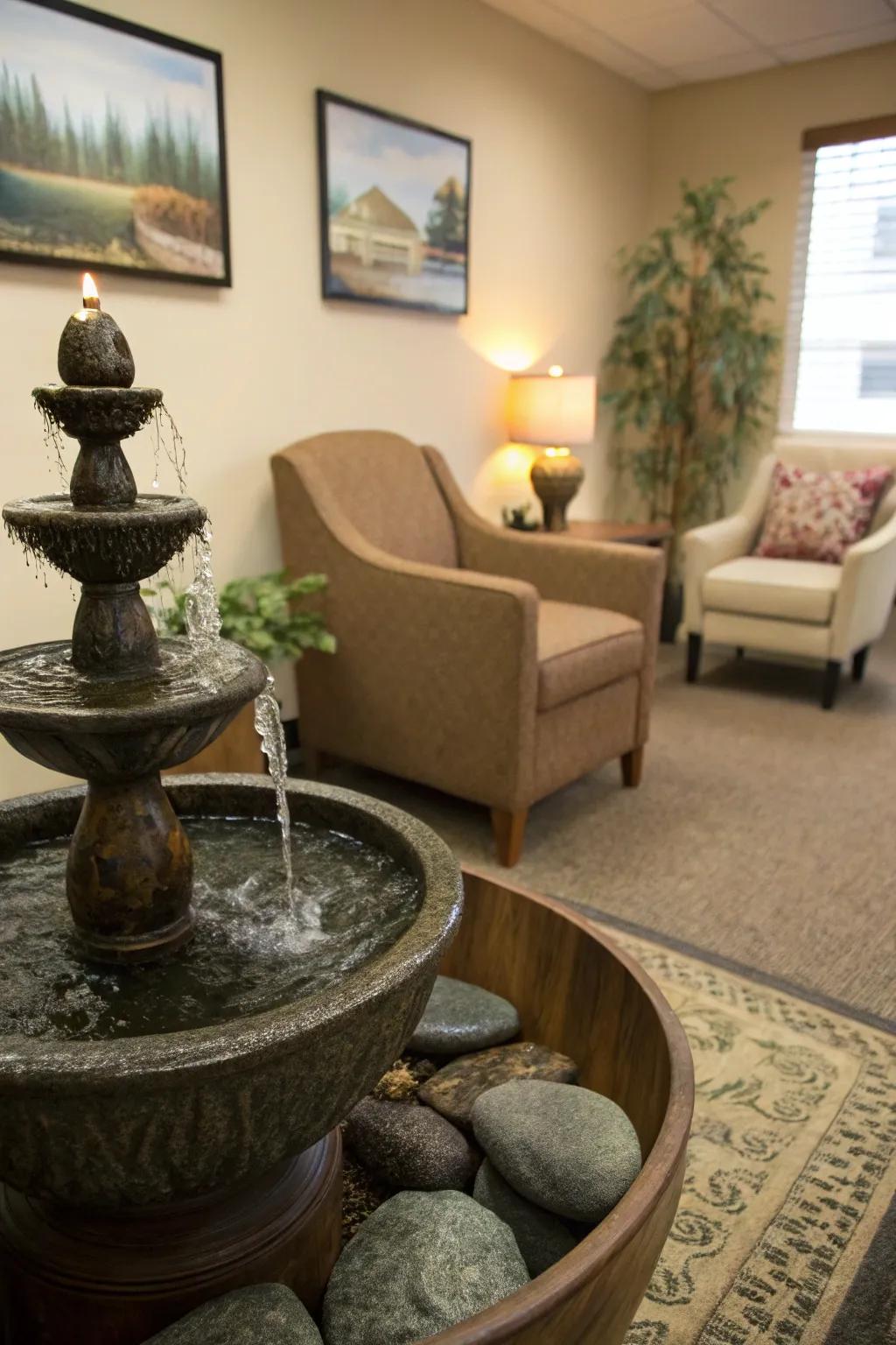 The introduction of soothing sounds comes from a water feature.