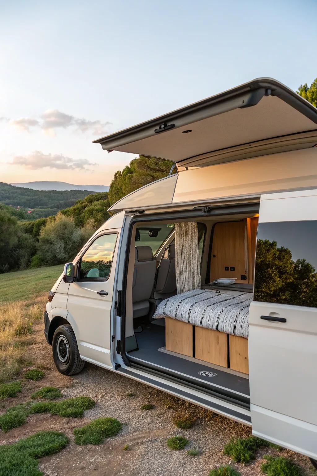 Pop-top beds offer an elevated sleeping experience with panoramic views.