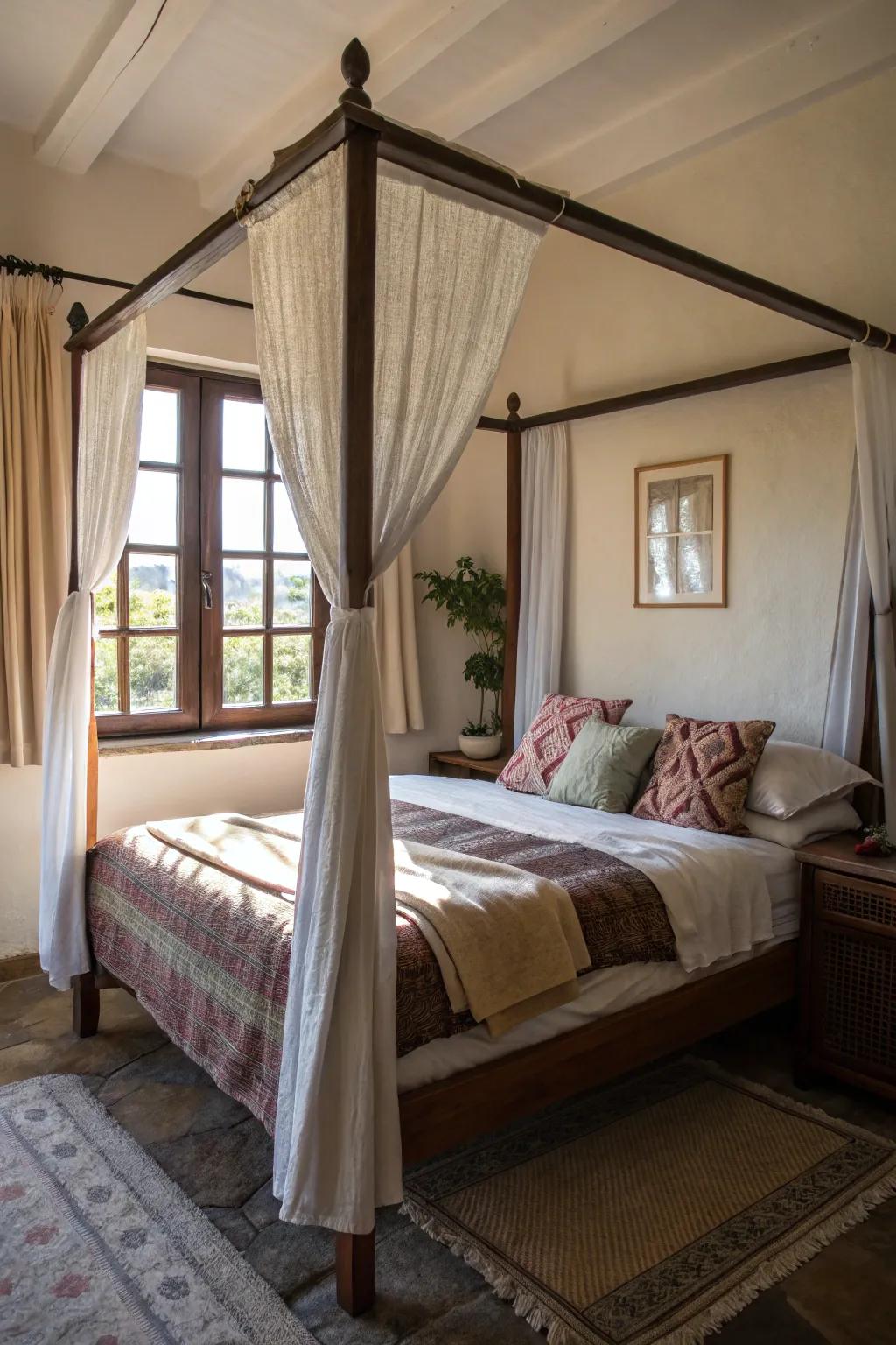 Positioning a four-poster bed with a window vista enhances space.