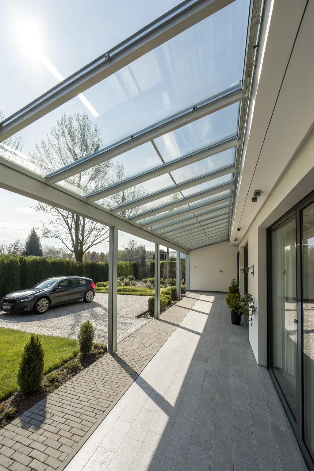 A carport with a glass roof, creating a light-filled and sophisticated setting.